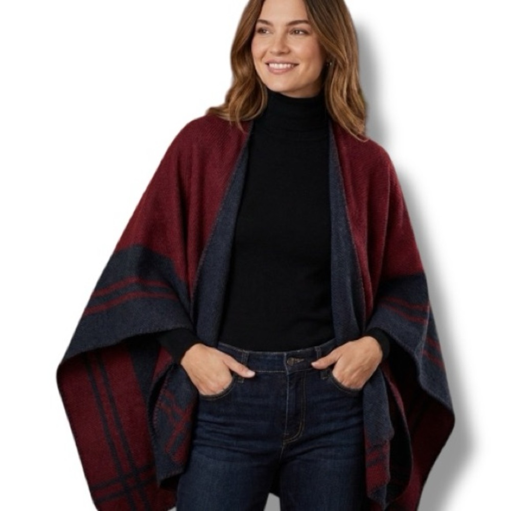 West Loop Burgundy & Black Plaid Open Front Poncho Ruana Wrap Knit Cape OS EUC